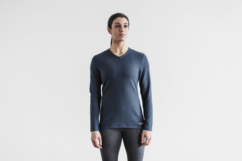 Nobull V-Neck Long Sleeve Waffle Sweatshirt Damen Navy | JXSVPE546