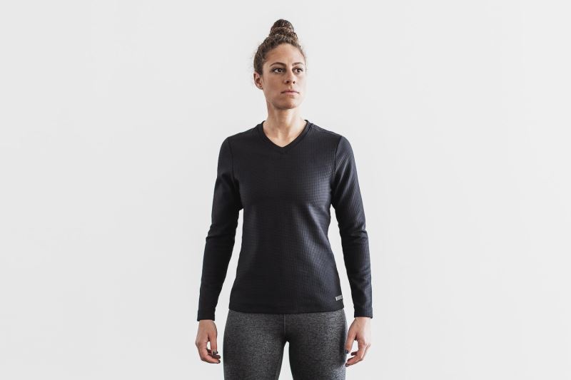 Nobull V-Neck Long Sleeve Waffle Sweatshirt Damen Schwarz | ZAYFHS486